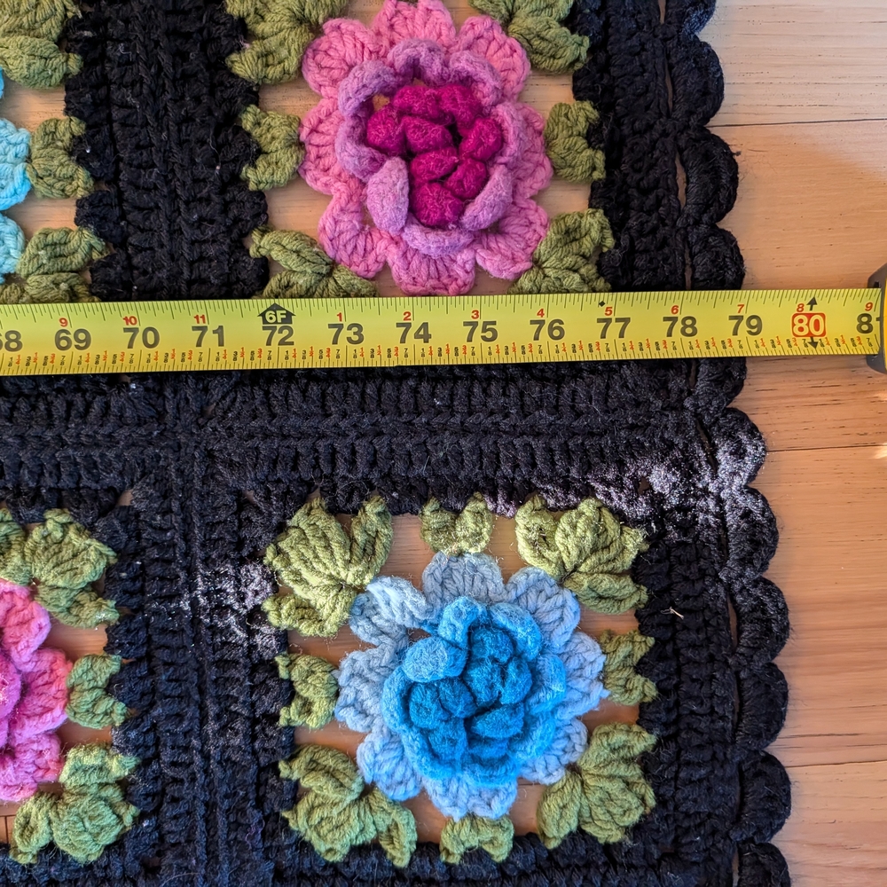 Vintage Crochet Granny Square Floral Blanket Black Boho Cottagecore Throw 56x79 - Picture 8 of 12